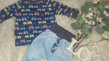 Preview: Kombination: Raglanshirt & Baggyhose Gr. 62 "Trecker mit Anhänger"