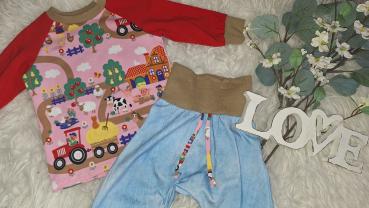 Preview: Kombination: Raglanshirt & Checkerhose Gr. 74 "Bauernhof rosa"
