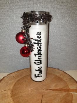 Kerzenglas "Frohe Weihnachten schwarz mit Glitzerband und Kugeln rot"