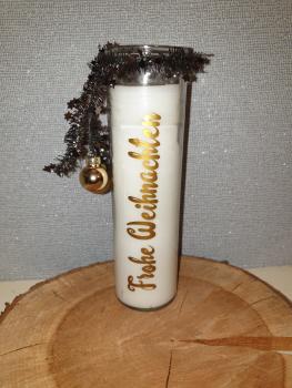 Kerzenglas "Frohe Weihnachten gold mit Glitzerband und Kugeln gold"