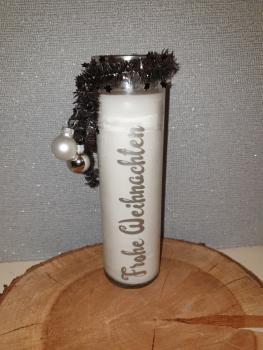 Kerzenglas "Frohe Weihnachten silber mit 2 Kugeln und Sternenglitzerband"