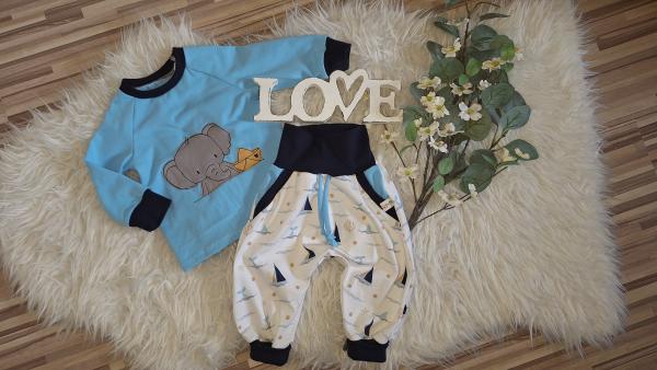 Kombination: Raglanshirt & Checkerhose Gr. 74 "Wale, Segelboote und Elefant"