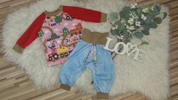 Kombination: Raglanshirt & Checkerhose Gr. 74 "Bauernhof rosa"