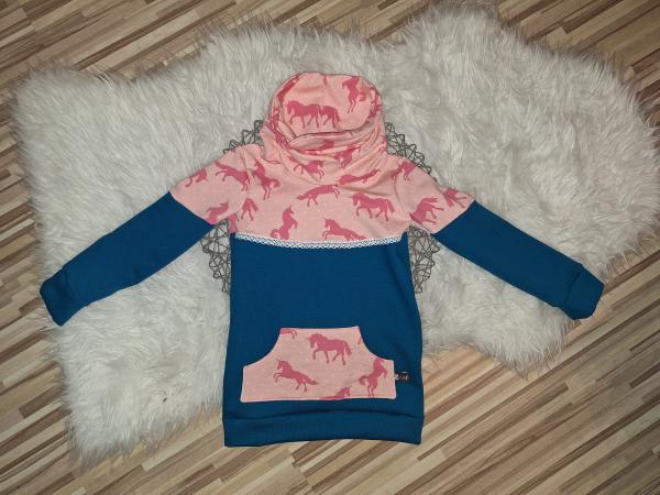 Loopkragenhoodie als Longhoodieversion Gr. 98 "Pferde rosa"