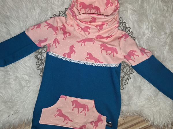 Loopkragenhoodie als Longhoodieversion Gr. 98 "Pferde rosa"