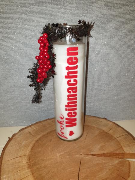 Kerzenglas "frohe Weihnachten rot mit Glitzerband und Früchten"